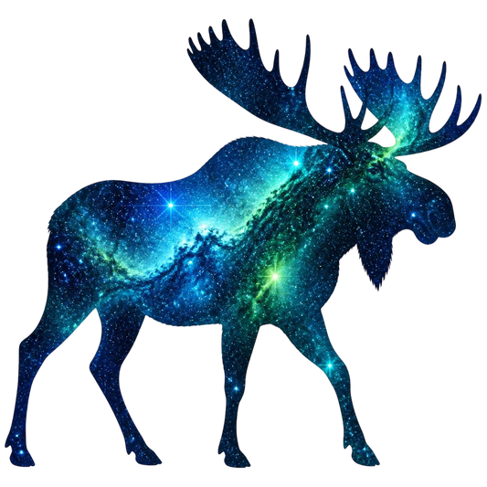 A moose silhouette filled with a starry galaxy pattern in shades of blue, teal, and green on a solid white background.