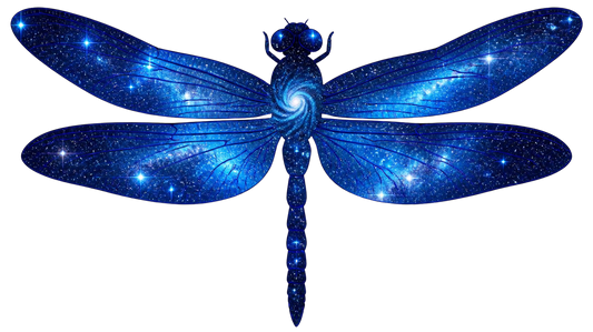 A stylized dragonfly illustration with glowing blue and white galaxy-like wings and body, centered on a solid black background.