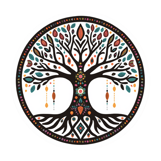 A circular tree of life graphic with intricate geometric and floral patterns in black, orange, teal, and brown on a white background.