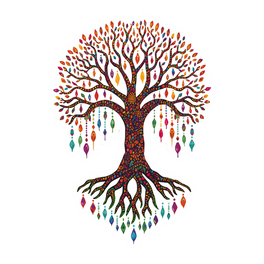 A stylized tree of life illustration with a dark brown trunk and branches covered in intricate multicolored patterns, decorated with hanging colorful gem-like ornaments, on a plain white background.