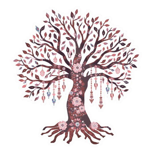 A stylized decorative tree illustration with a dark brown trunk and branches, pink and mauve leaves, floral patterns, and hanging ornament-like beads on a plain white background.