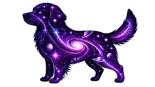 A stylized purple dog silhouette filled with a cosmic galaxy pattern, including stars, planets, and a spiral nebula, on a plain white background.