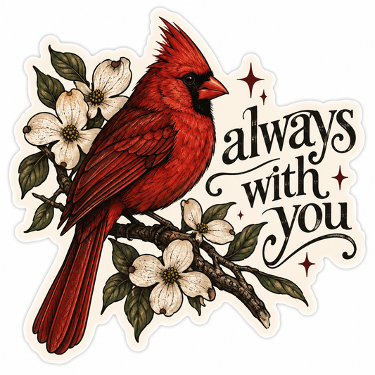 A die-cut sticker featuring a red cardinal perched on a branch with white blossoms and the phrase “aways with you” in black script, shown on a plain white background.