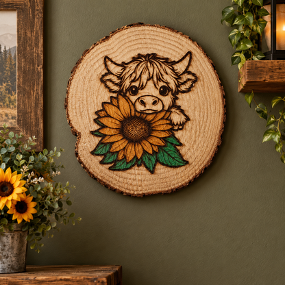 Baby Highland Cow with Sunflower Wooden Round Slab Wall Decoration