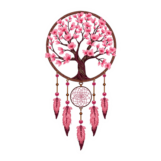 A dreamcatcher-style wall hanging featuring a tree of life with pink blossoms inside a circular frame, with three hanging feathers and a smaller circular web in the center, shown on a plain white background.