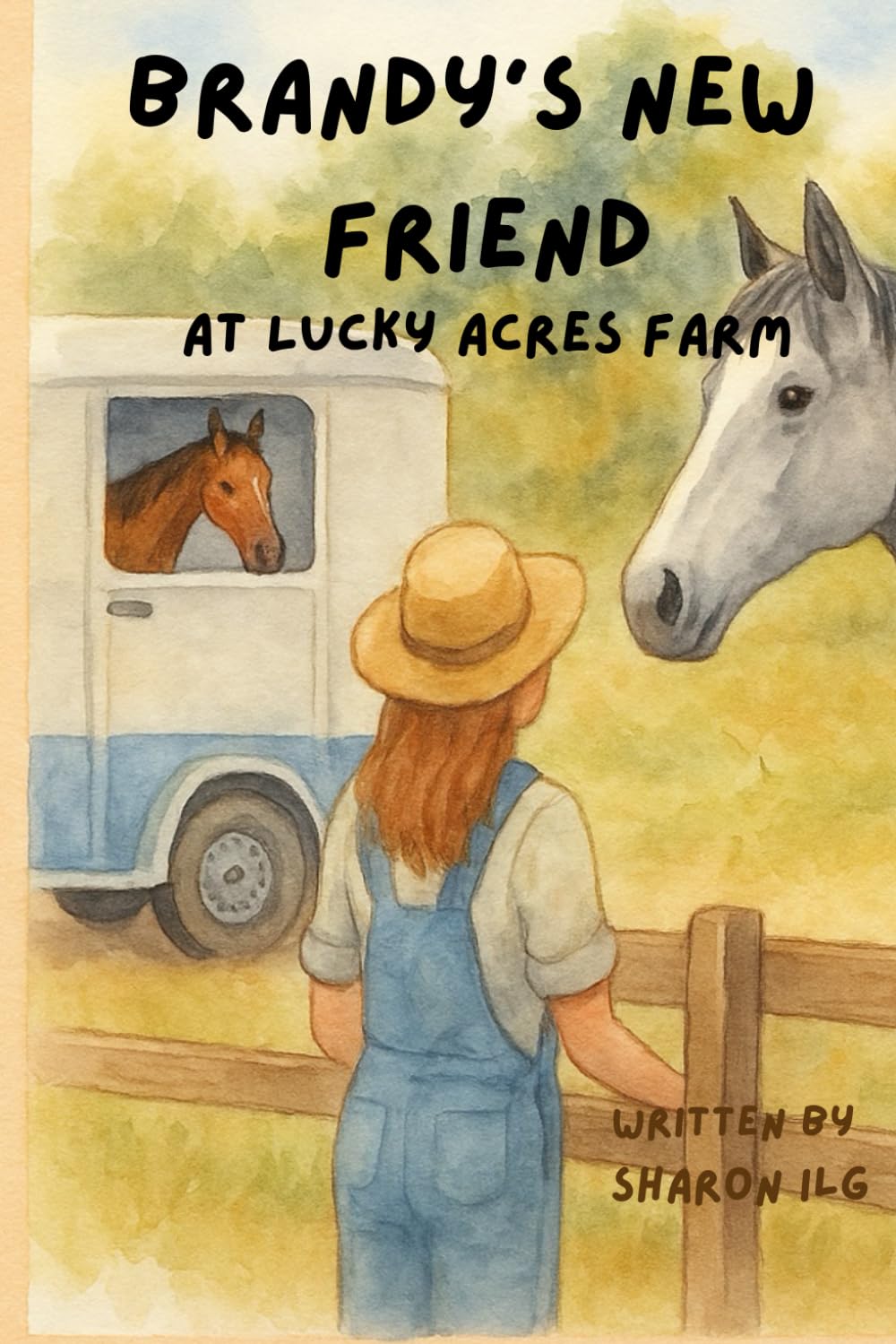 Book cover of 'Brandy's New Friend at Lucky Acres Farm' with a girl, horse, and truck illustration.