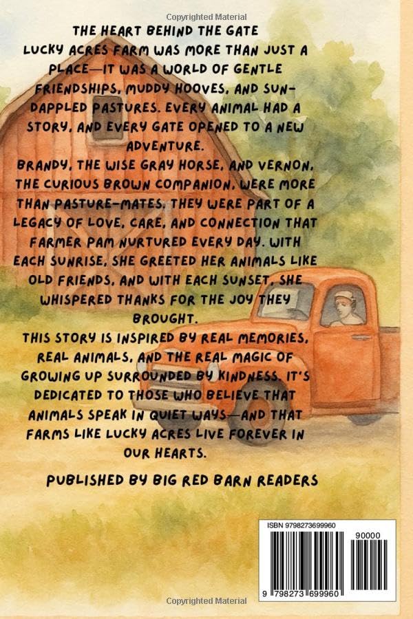 Book back cover with text and an illustration of a truck and horse.