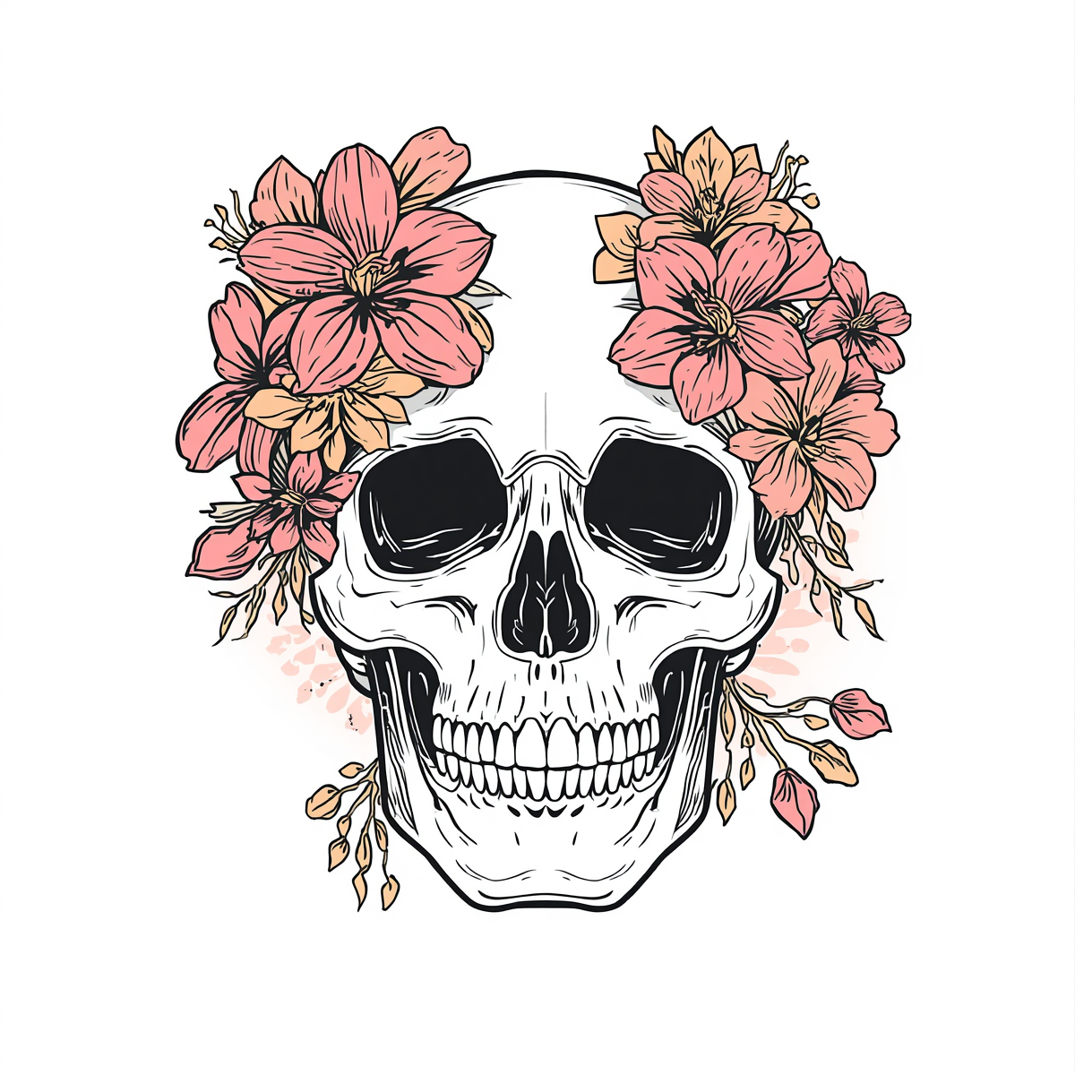 Skull with Pink Hibiscus Flowers Sticker