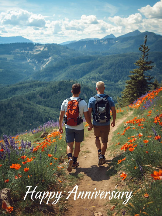 Men Couple Hiking Anniversary Card – Romantic Mountain Trail Design