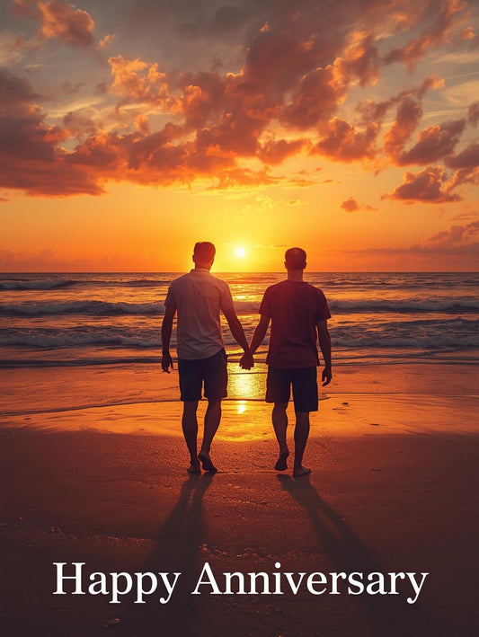 Men Couple Sunset Beach Anniversary Card – Romantic Ocean Design
