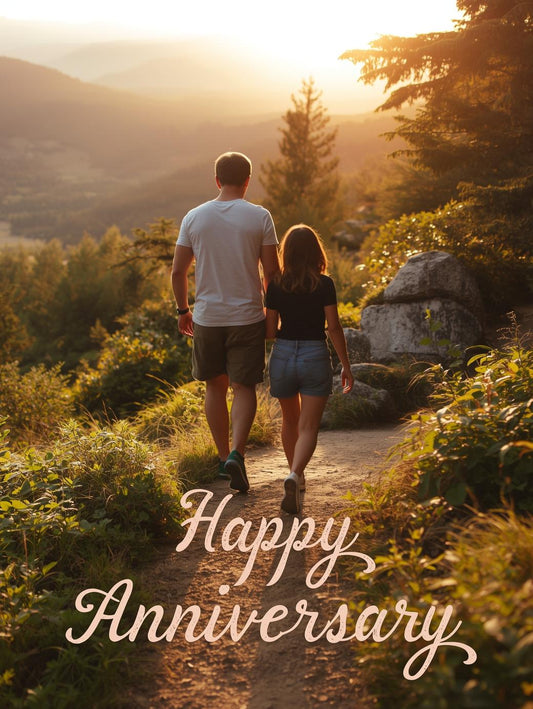 Man and Woman Hiking Anniversary Card – Romantic Nature Trail Design