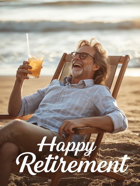 Man Sitting on the Beach Drinking Retirement Card – Happy Retirement Greeting