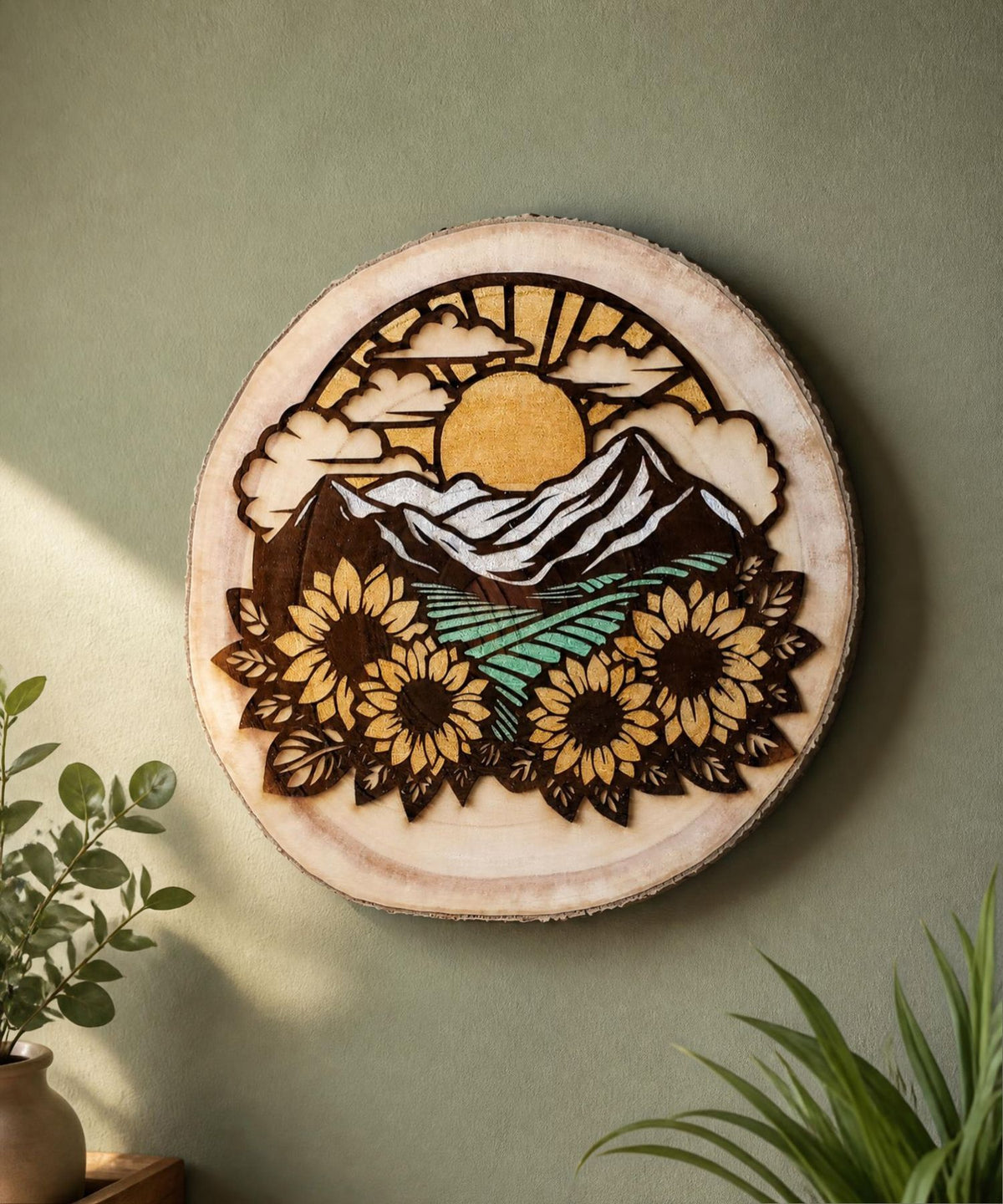 Sunflower Field & Mountain Round Wood Slab Wall Décor