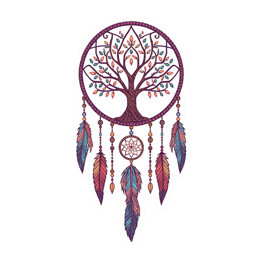 A dreamcatcher-style tree of life wall hanging with a circular web, ornate tree branches and leaves, and five hanging feathers in purple, pink, orange, and blue tones on a plain white background.