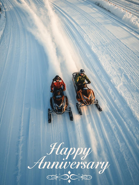 Snowmobiling Couple Anniversary Card – Happy Anniversary Winter Adventure
