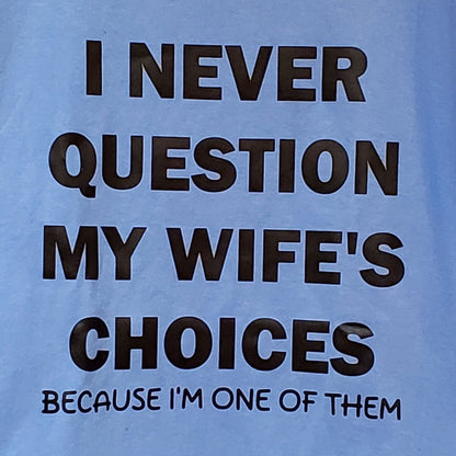 Blue t-shirt with black text on a blue background