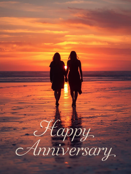 Women Couple Anniversary Card – Romantic Sunset Beach Design