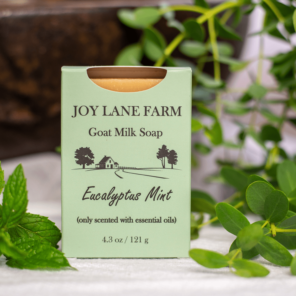 Joy Lane Farm goat milk soap packaging with eucalyptus mint scent on a wooden surface with green leaves.