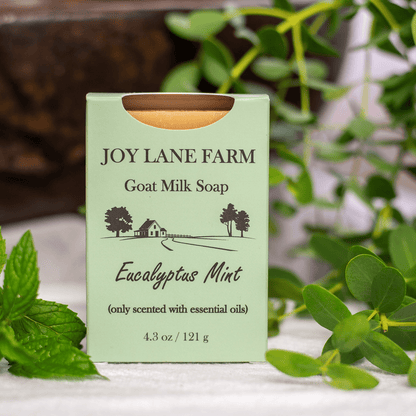 Joy Lane Farm goat milk soap packaging with eucalyptus mint scent on a wooden surface with green leaves.