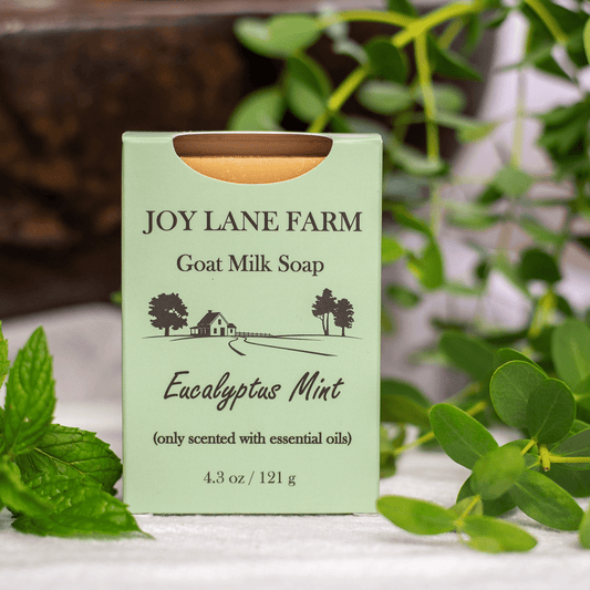 Joy Lane Farm goat milk soap packaging with eucalyptus mint scent on a wooden surface with green leaves.