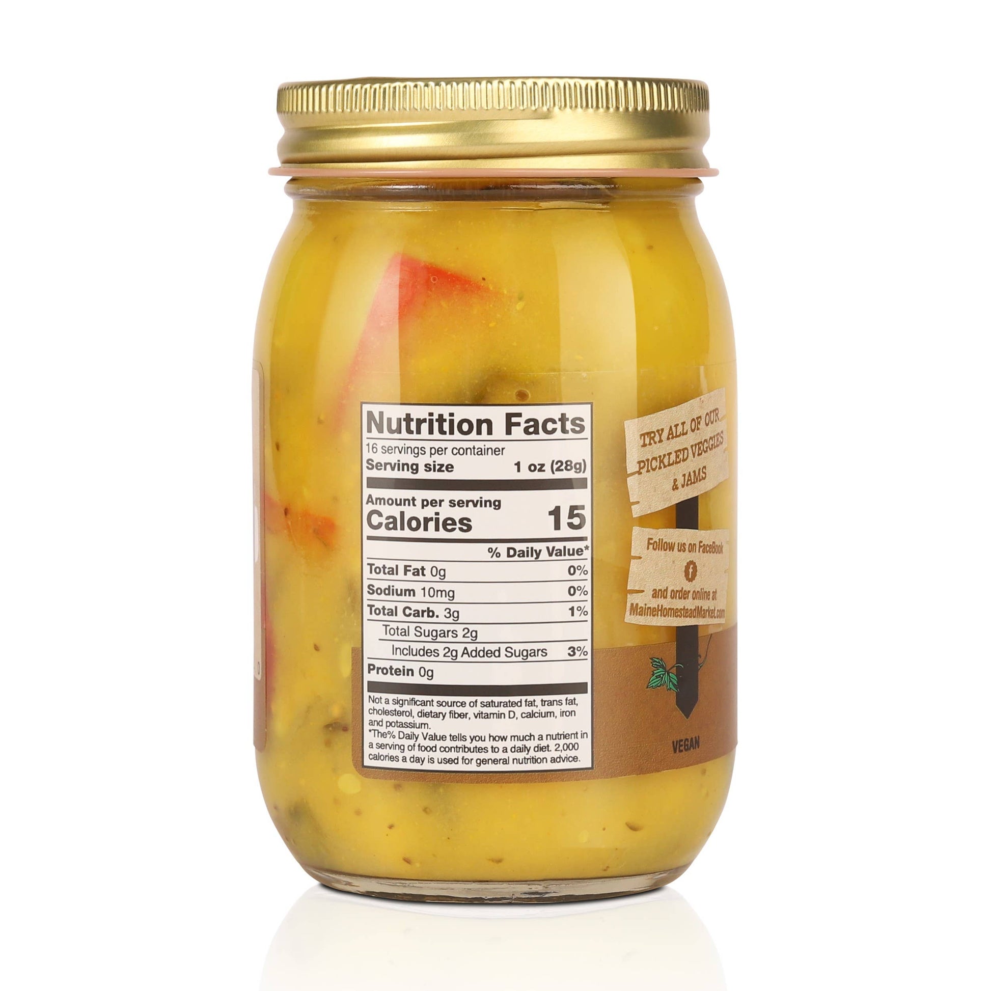 Jar of pickles with a nutrition facts label on a white background