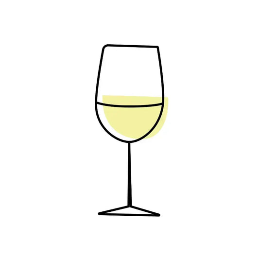 A minimalist line drawing of a wine glass containing pale yellow liquid, centered on a plain white background.