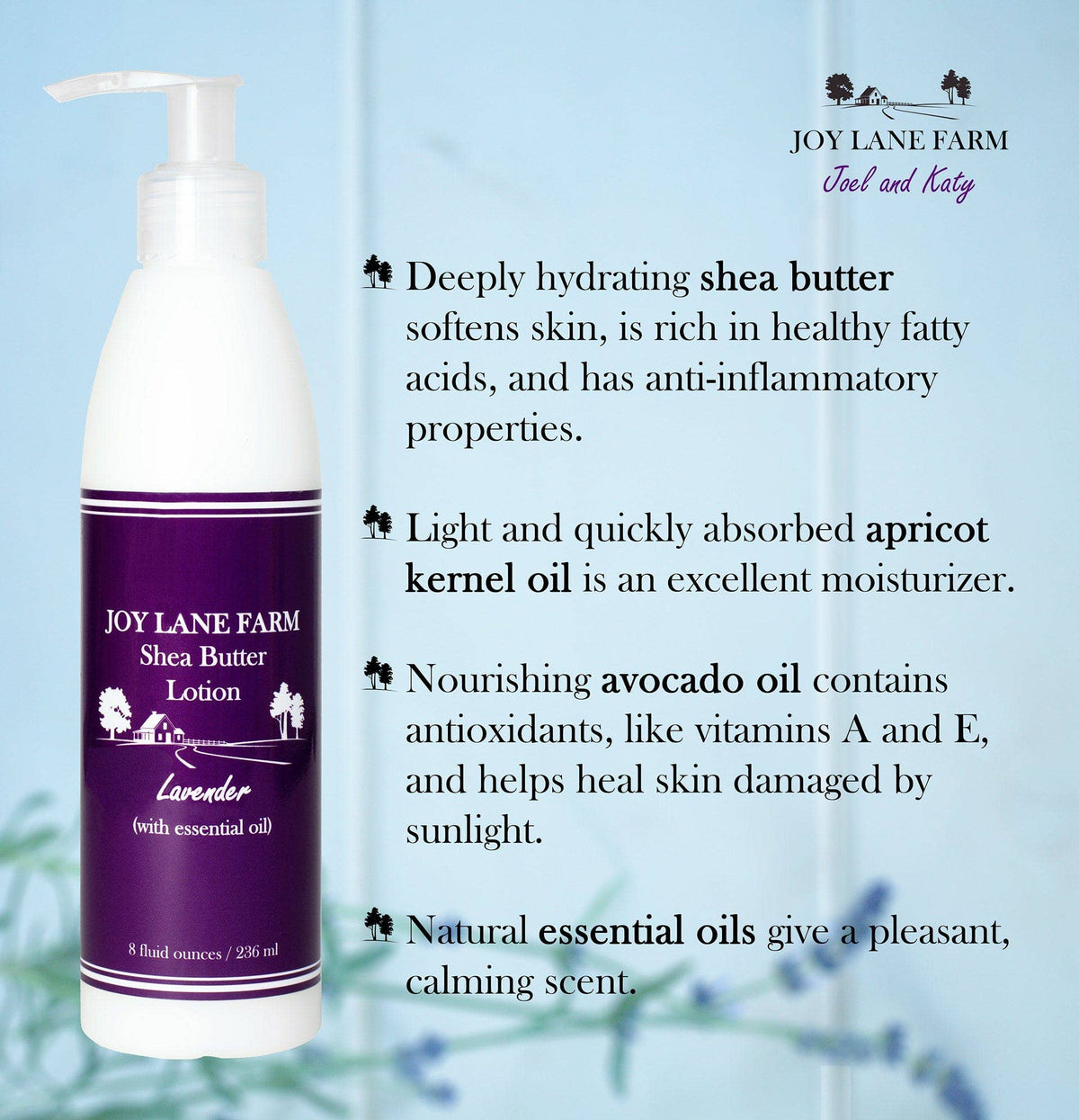 Joy Lane Farm Shea Butter Lotion in lavender, shown as a white pump bottle with a purple label on a light blue background with descriptive text overlays.