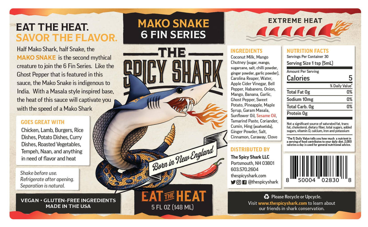 Spicy shark sauce label with snake graphic and branding