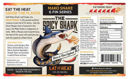Spicy shark sauce label with snake graphic and branding