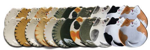 Set of cat-shaped ceramic plates in various colors