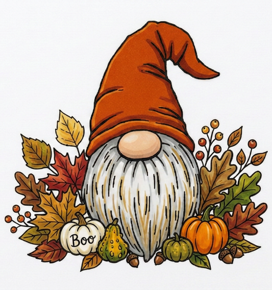 A stylized autumn gnome illustration with a tall orange hat, white beard, and a cluster of fall leaves, pumpkins, acorns, and a small 'Hoo' ornament on a plain white background.
