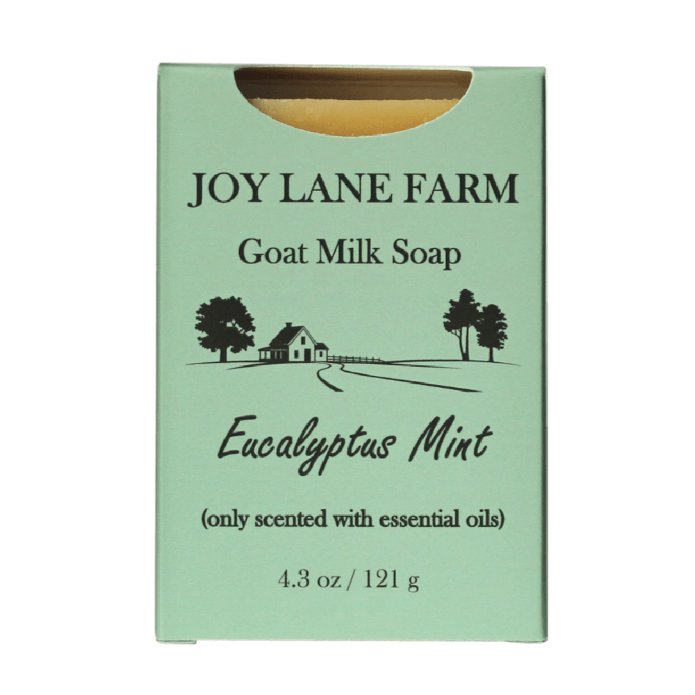 Joy Lane Farm Goat Milk Soap in Eucalyptus Mint scent, shown in its mint green cardboard packaging with black text and a small illustration of a farm scene.