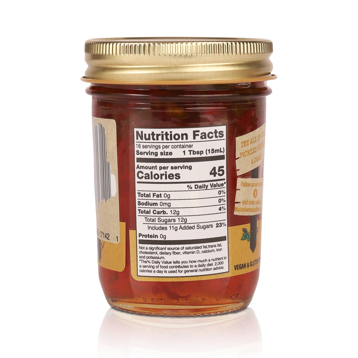 Jar of honey with a nutrition facts label on a white background
