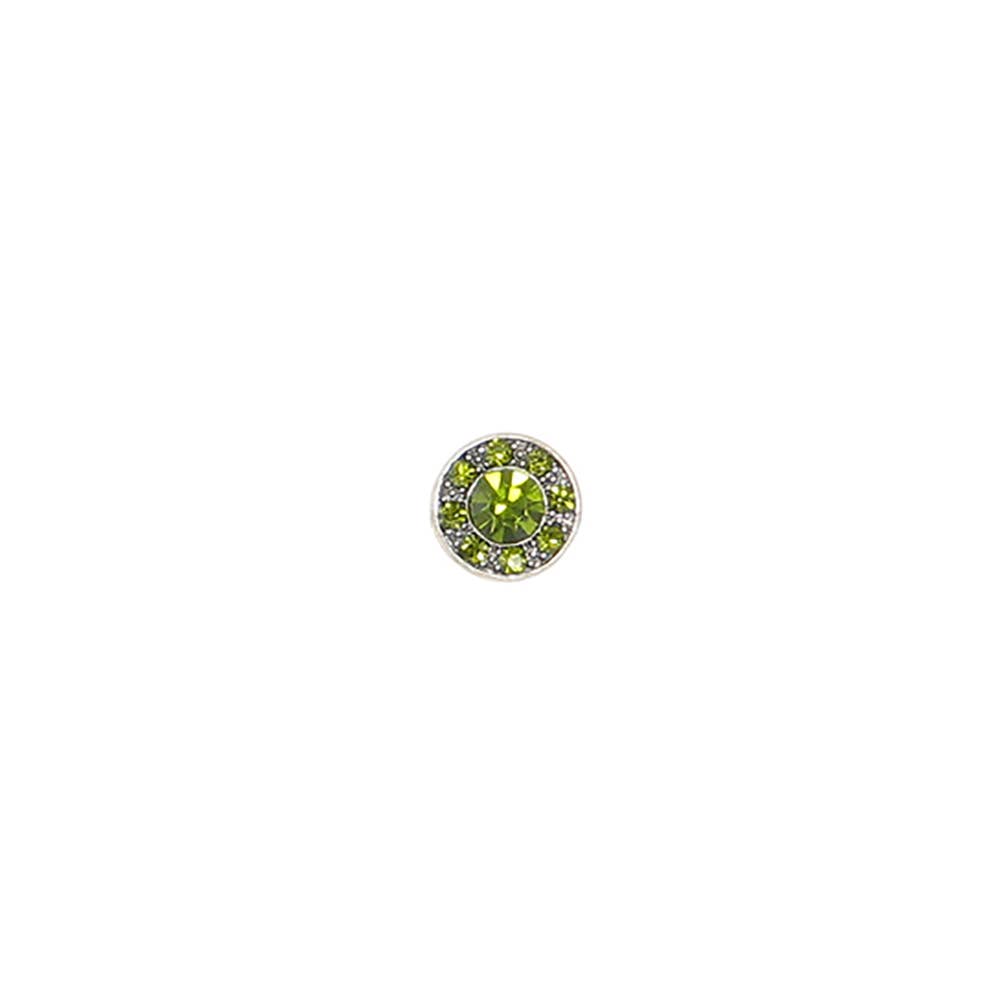 A single round stud earring featuring a central lime green gemstone surrounded by a halo of small clear stones in a silver-toned setting, centered on a plain white background.