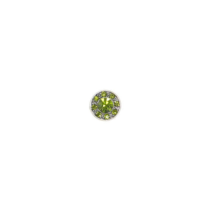 A single round stud earring featuring a central lime green gemstone surrounded by a halo of small clear stones in a silver-toned setting, centered on a plain white background.