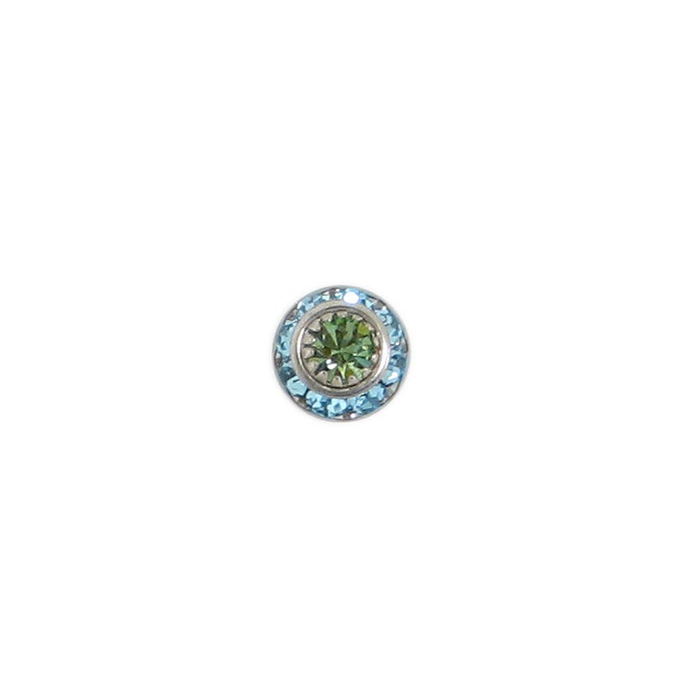 A single round button or stud earring featuring a silver-toned metal setting with a green floral center and a halo of light blue crystals, isolated on a solid white background.