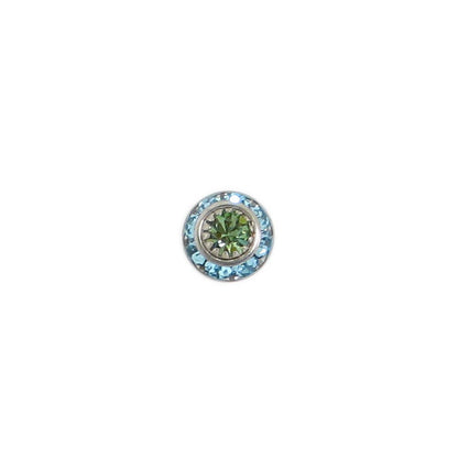 A single round button or stud earring featuring a silver-toned metal setting with a green floral center and a halo of light blue crystals, isolated on a solid white background.