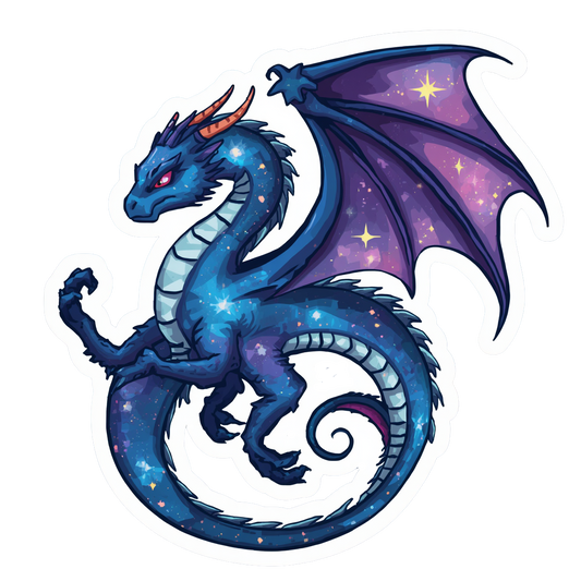 A die-cut sticker featuring a cute cartoon blue dragon with purple wings and a galaxy pattern, shown on a plain white background.