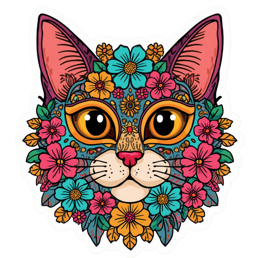 A colorful die-cut sticker featuring a stylized cat face surrounded by vibrant flowers and leaves in teal, pink, orange, yellow, and green on a white background.