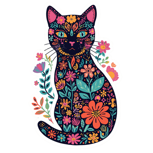 A colorful decorative illustration of a cat filled with floral patterns, shown on a plain white background.