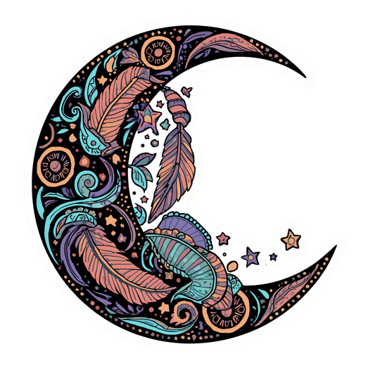 A crescent moon illustration filled with intricate bohemian-style patterns, including feathers, stars, swirls, and celestial motifs in teal, orange, purple, pink, and black on a white background.