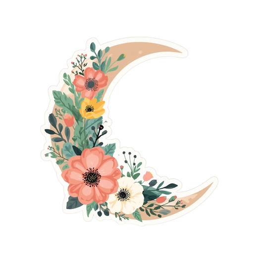 A die-cut sticker shaped like a crescent moon, decorated with watercolor-style flowers and green leaves in coral, peach, yellow, cream, and teal tones on a white background.