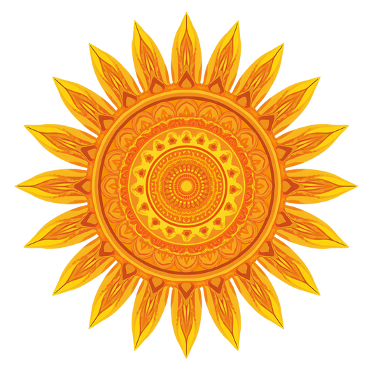 A vibrant mandala-style sun design with layered circular patterns and radiating yellow-orange petals on a plain white background.