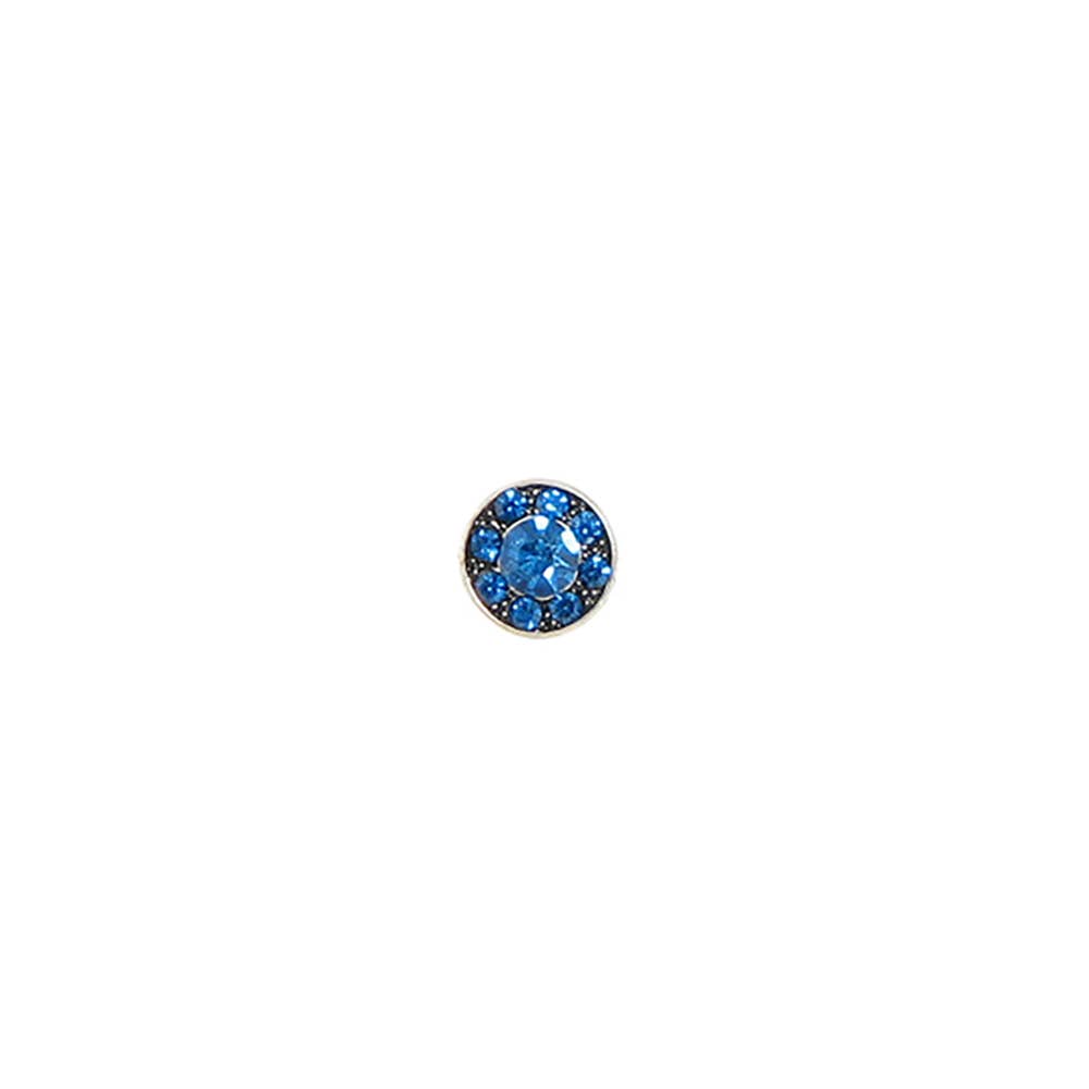 A single round stud earring featuring a halo of small blue crystals surrounding a larger central blue stone, set in a silver-toned metal bezel, centered on a plain white background.