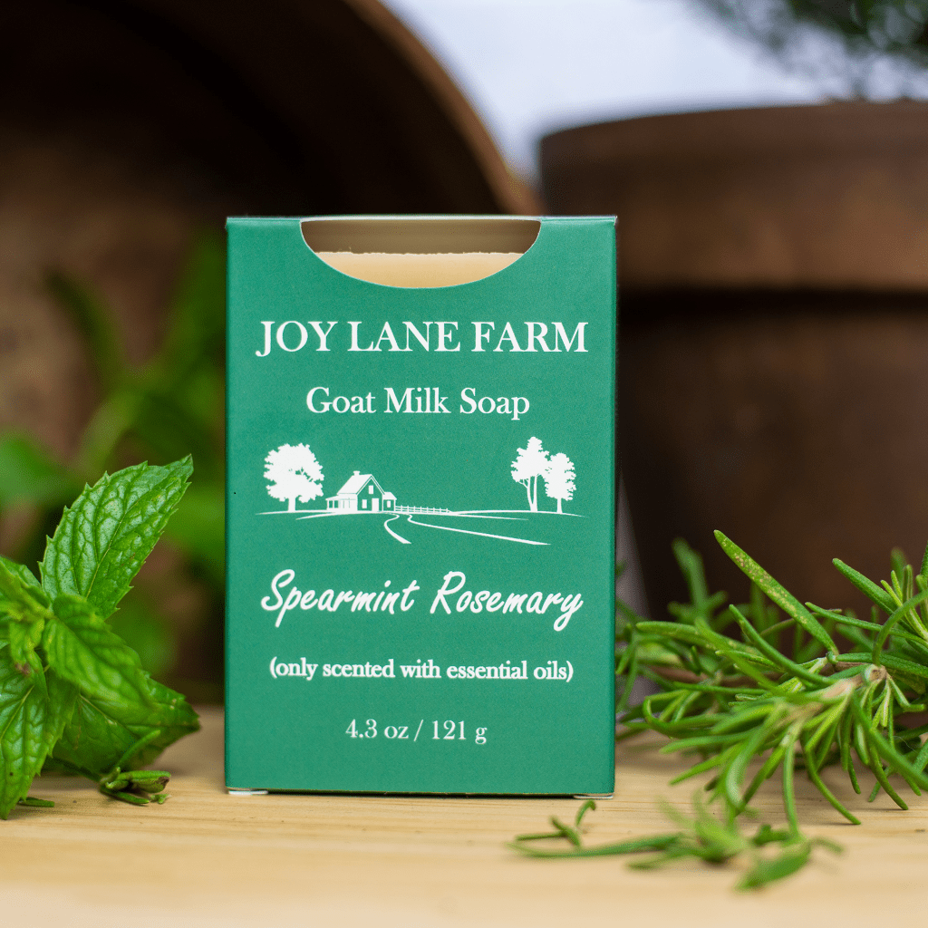 Green box of Joy Lane Farm goat milk soap with spearmint rosemary scent on a wooden surface with greenery.