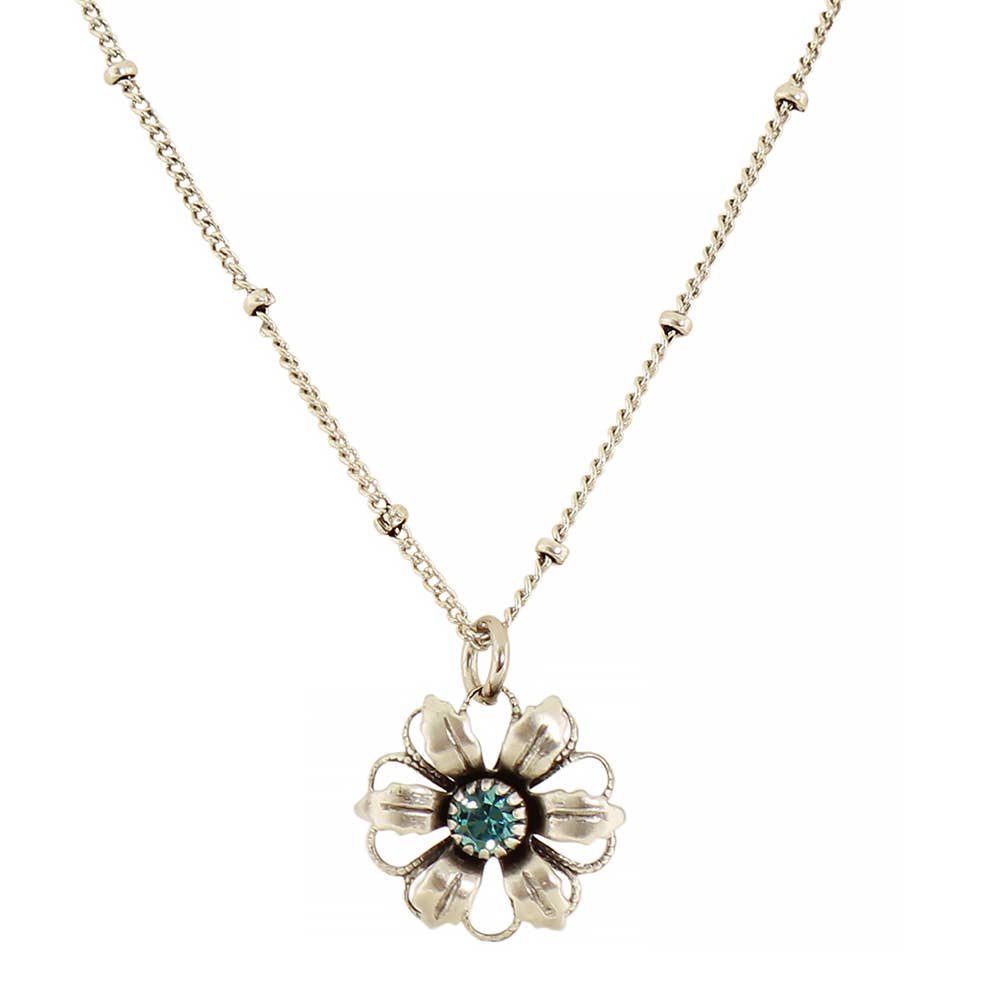 A silver-tone flower pendant necklace with a central round blue-green gemstone, shown on a clean white background.