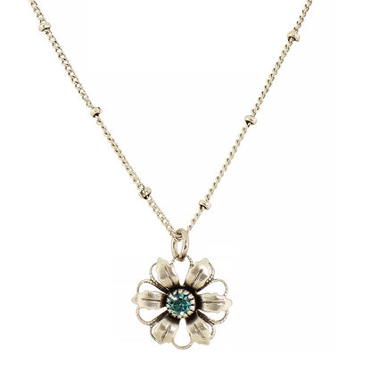 A silver-tone flower pendant necklace with a central round blue-green gemstone, shown on a clean white background.