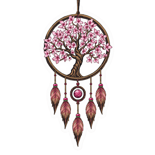 A dreamcatcher-style hanging ornament illustration featuring a circular brown frame with a tree of life motif filled with pink blossoms, three hanging chains with feathers, and a central pink gem accent, shown on a plain white background.