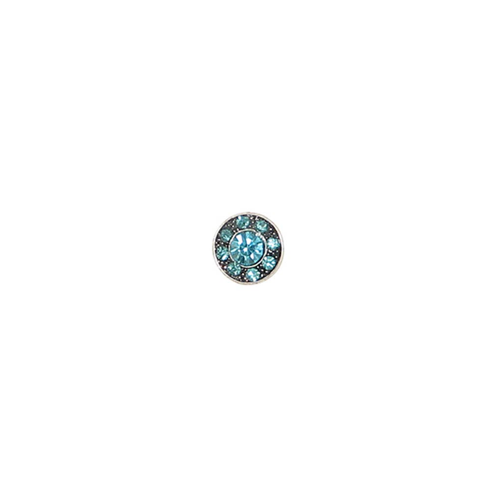 A single round stud earring featuring a central light blue gemstone surrounded by a halo of smaller dark blue and silver-toned stones, set against a plain white background.