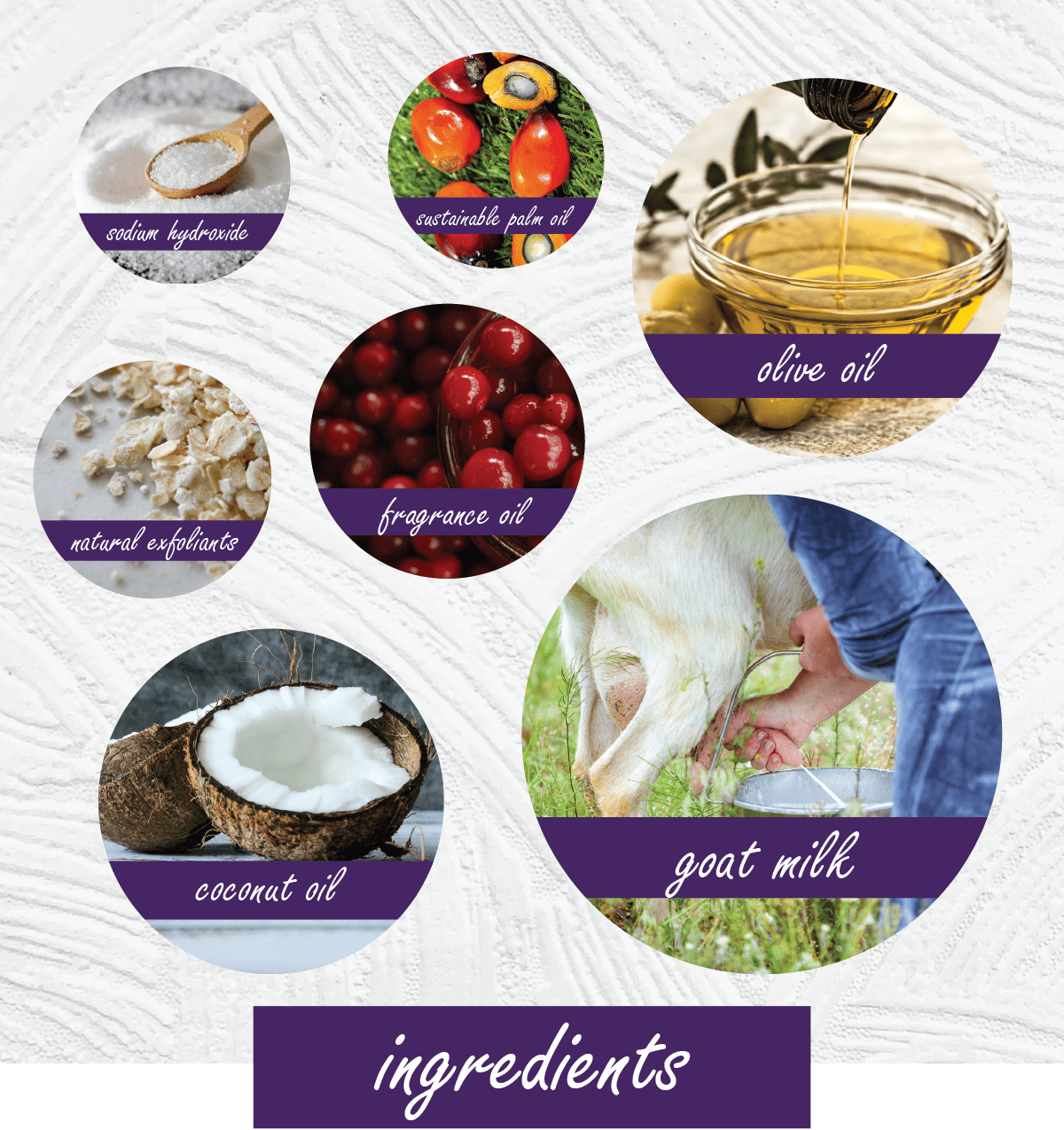 An infographic-style ingredient collage on a white textured background with purple labels. Circular photos show and name the ingredients: oxidized hydrogenated oil, natural palm oil, olive oil, natural extracts, fragrance oil, coconut oil, and goat milk.
